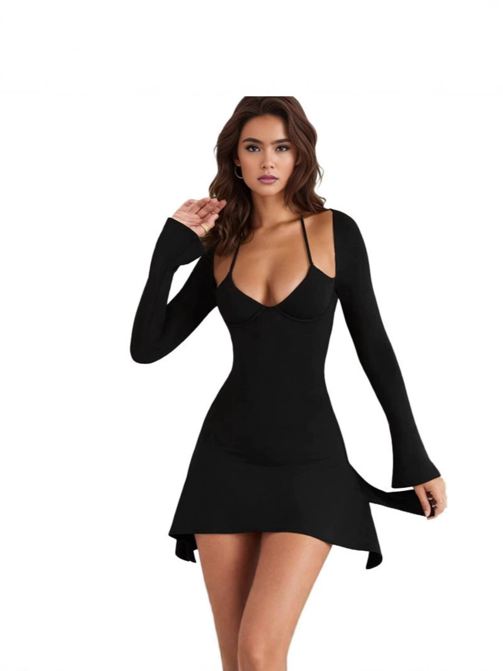 Zara Solid Color Low Cut Long Sleeve Backless Slim Fit Bodycon Mini Dress